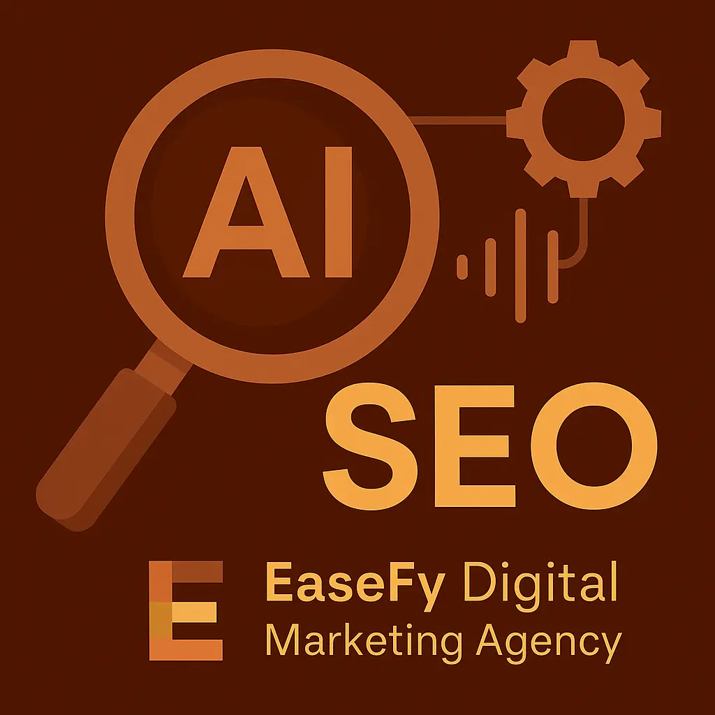 AI SEO illustration showing magnifying glass, automation gear, and EaseFy Digital Marketing Agency logo in brand colors.