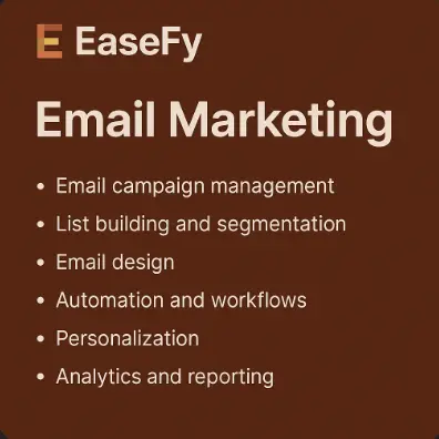 EaseFy Email Marketing banner showing campaign management, segmentation, design, automation, and reporting