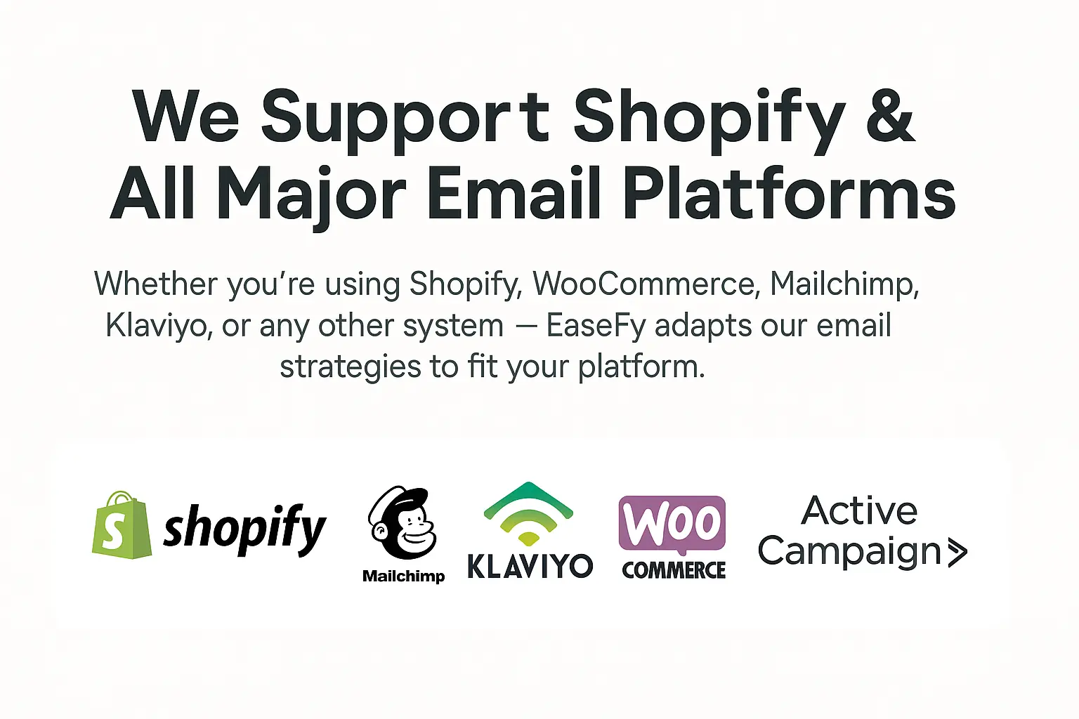 EaseFy supports Shopify, WooCommerce, Mailchimp, Klaviyo, ActiveCampaign, and all major email marketing platforms
