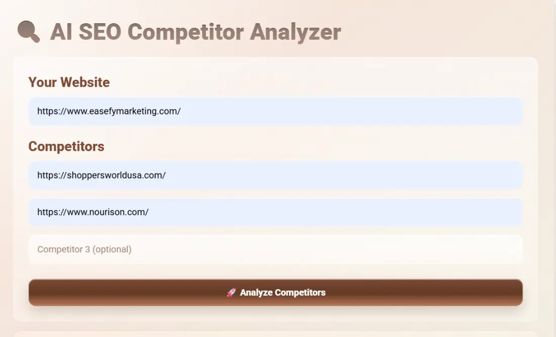 EaseFy Insights AI SEO Competitor Analyzer input form