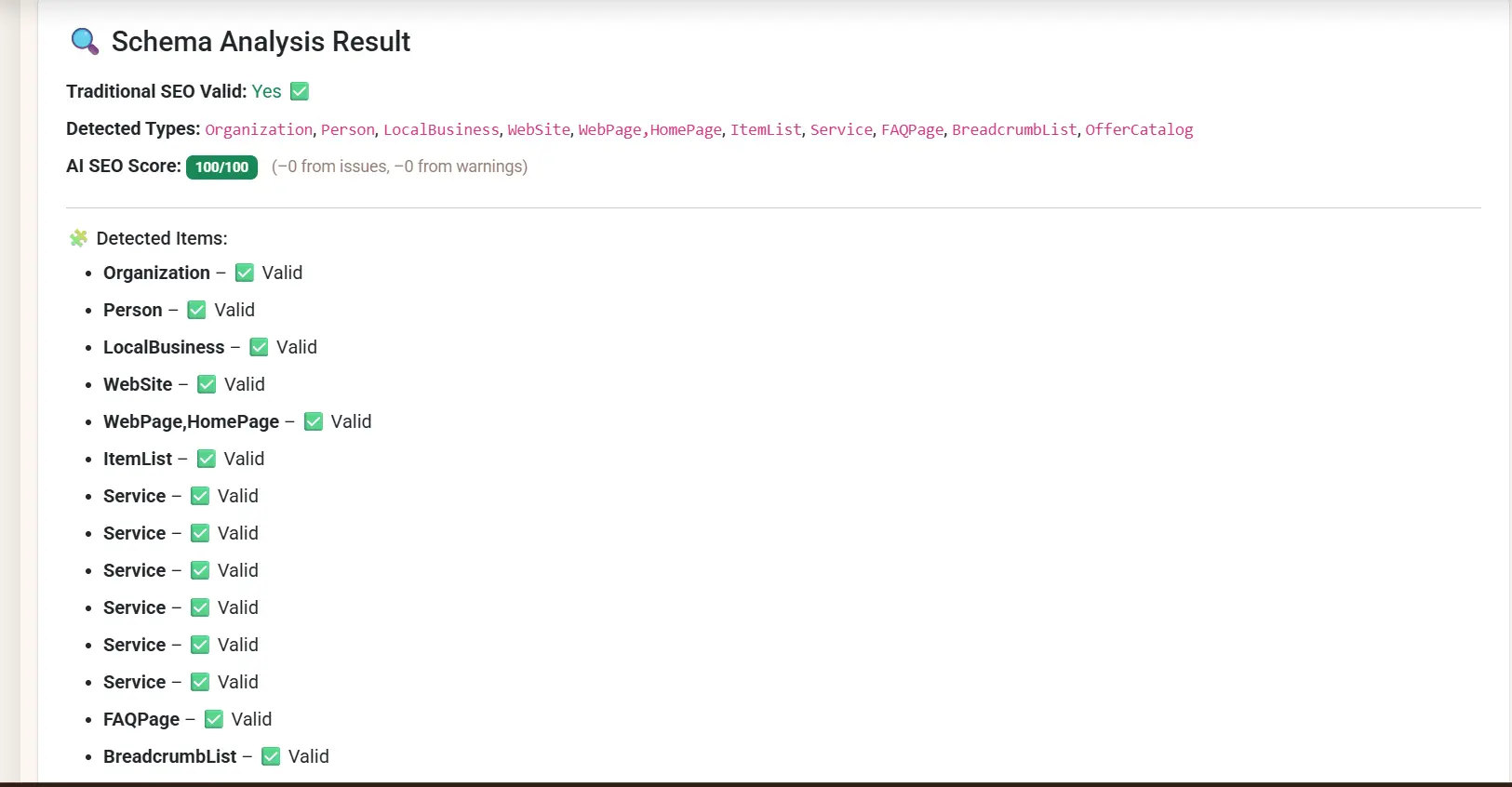 EaseFy Schema Markup Tester scoring JSON-LD for AI visibility