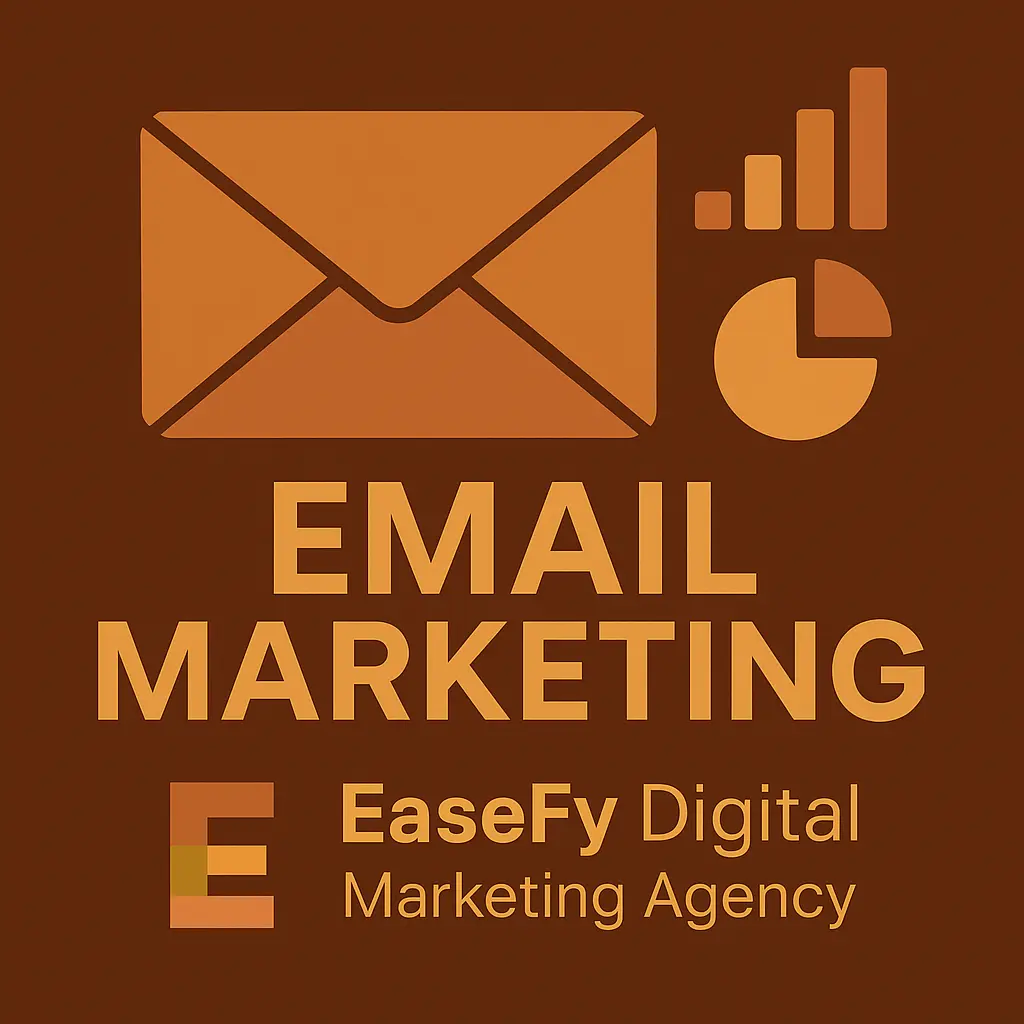 Email marketing graphic by EaseFy Digital Marketing Agency showing envelope icon and performance chart.