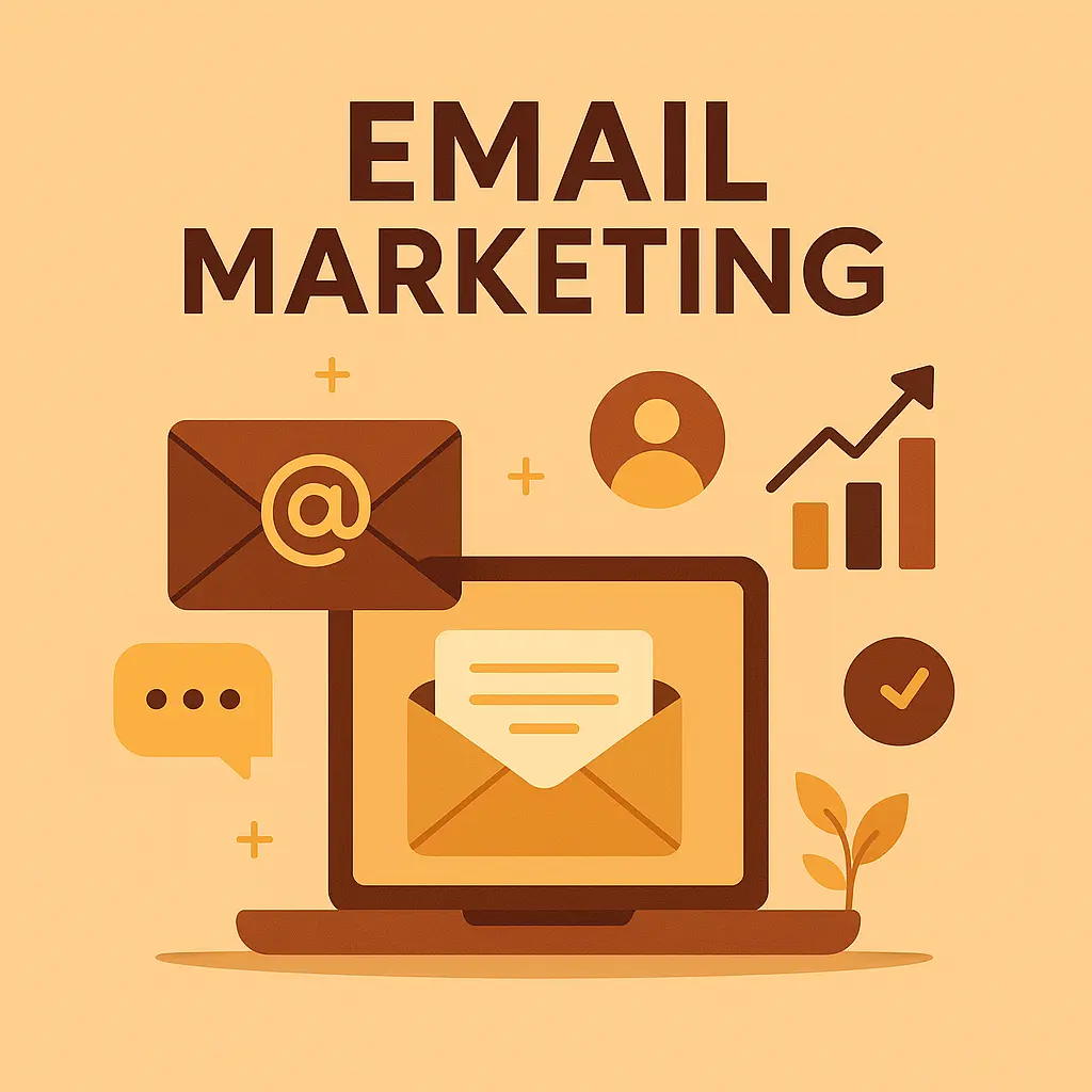 Flat email marketing illustration with laptop, envelope, chart, and icons in EaseFy brand colors for 2025 strategy